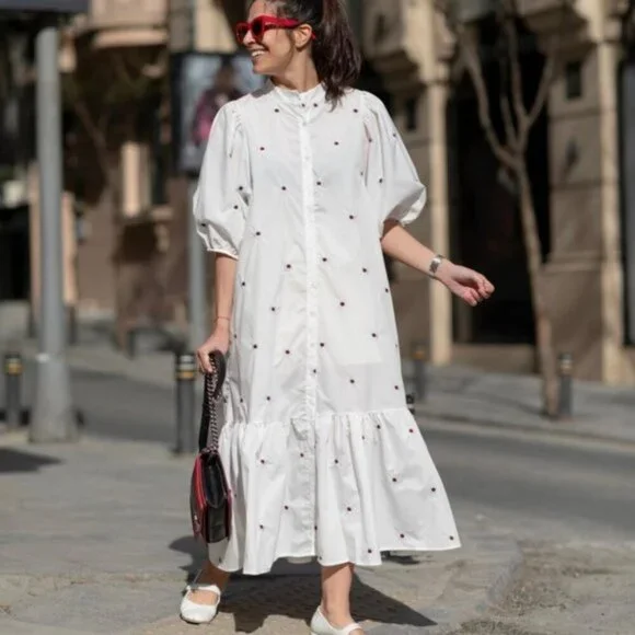 ZARA EMBROIDERED MIDI DRESS WHITE Flounced hem - Picture 3 of 8